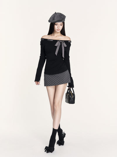 Grey Polka Dot Bow Short Skirt VOC0430