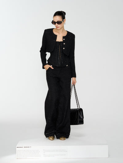 Black Luxurious-style Short Jacket/Camisole/Pants 4MU0161