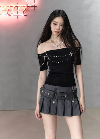 All-match Slim Casual Pleated Short Skirt/Belt VIA0130