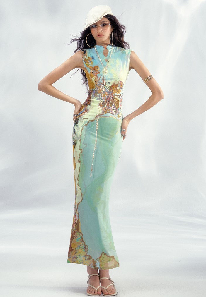 Contrast Color Printed Chinese Dress OFA0245