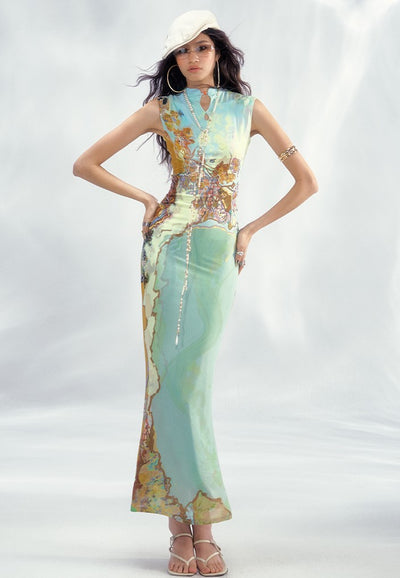 Contrast Color Printed Chinese Dress OFA0245
