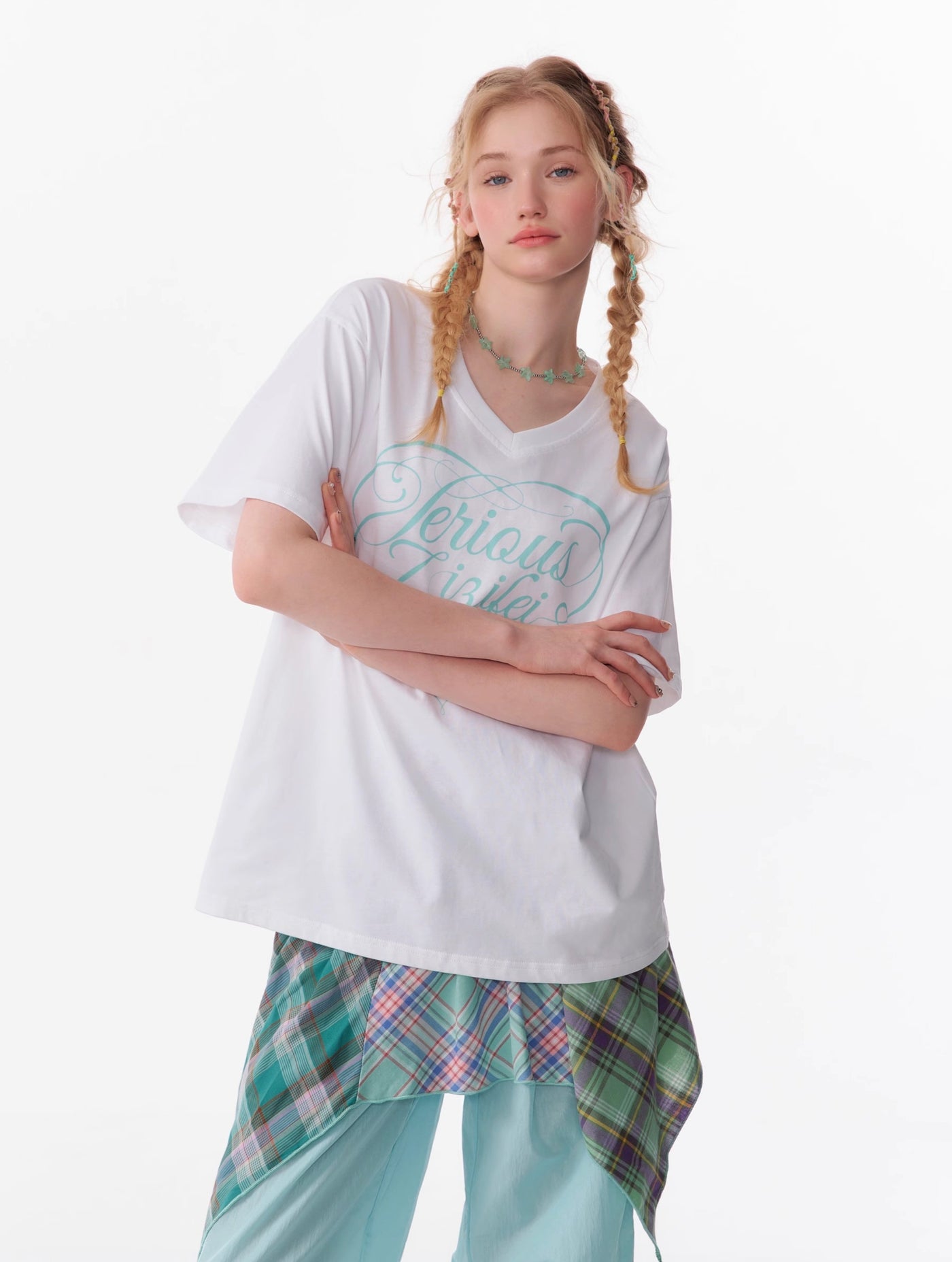 Basic Letter Print V-neck Loose Short-sleeved T-shirt ZIZ0094