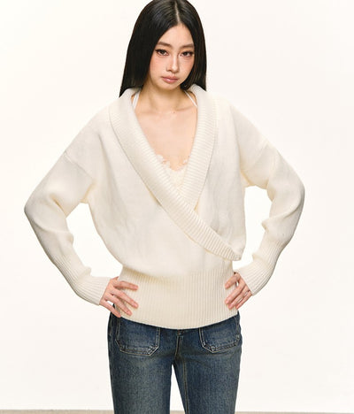 White V-neck Sweater/Lace Camisole ANA0091