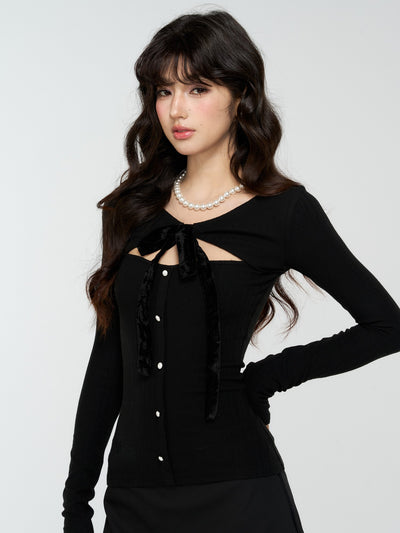 Black Hollow-Out Bow Sweater 4MU0183
