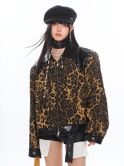 Wild Leopard Design Leather Lapel Zipper Jacket UNC0189