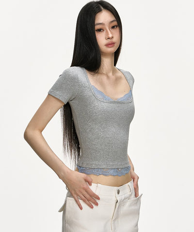 Lace Ribbed Fake Two-piece T-shirt ANA0005