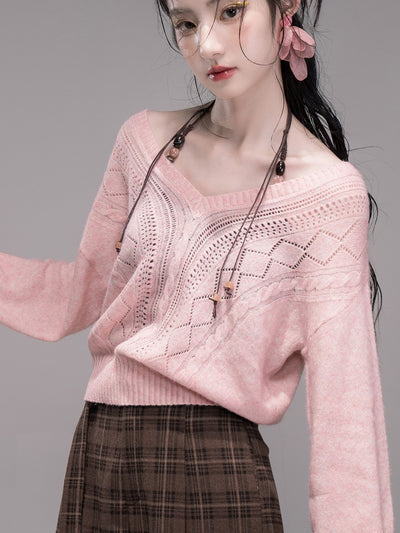 Pink Hollow V-neck Knit+Halter Neck Top COT0345