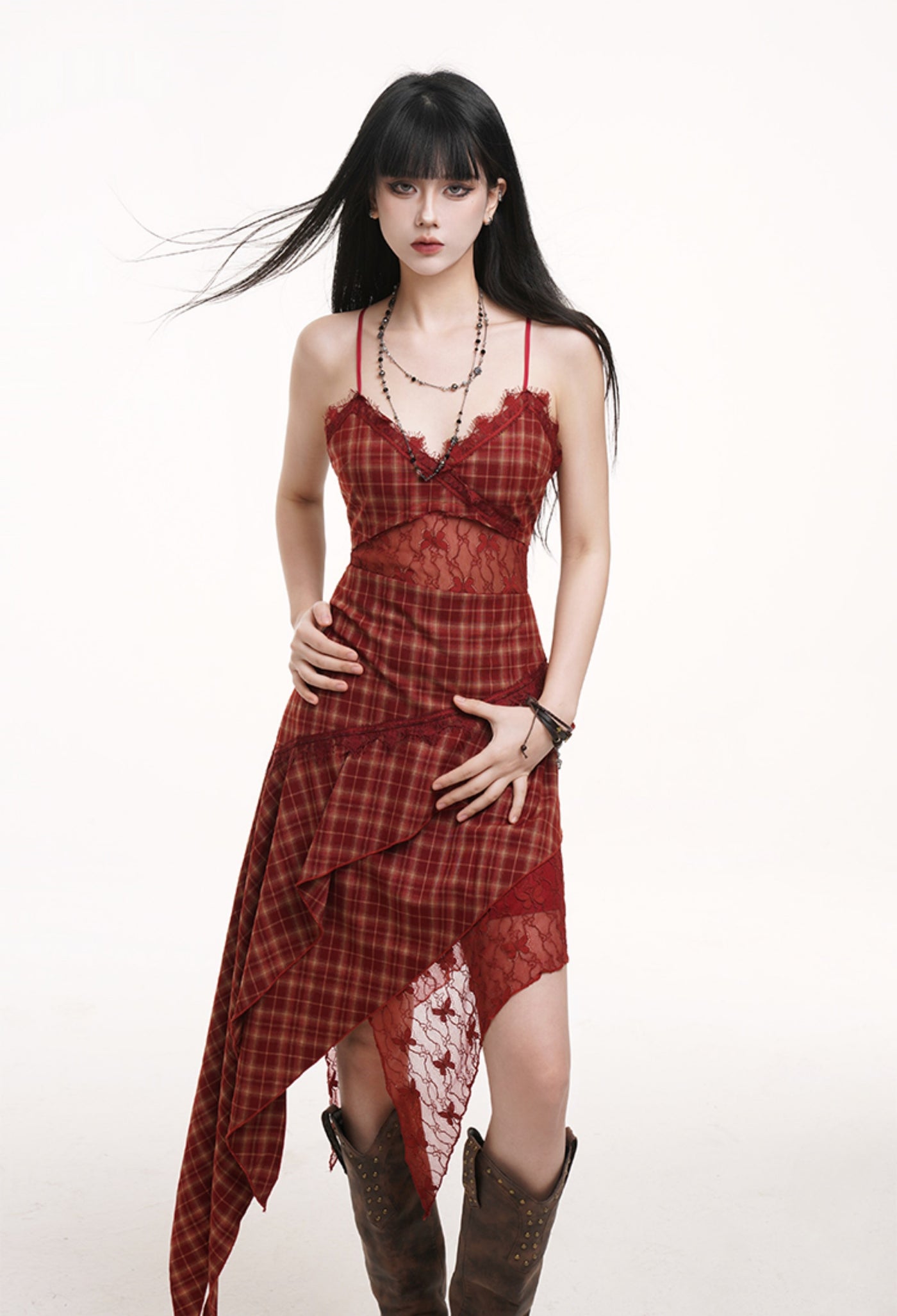 Irregular Red Plaid Suspender Dress LAD0184