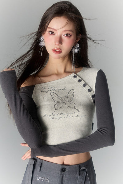 Butterfly Contrasting Off-shoulder T-shirt VIA0038