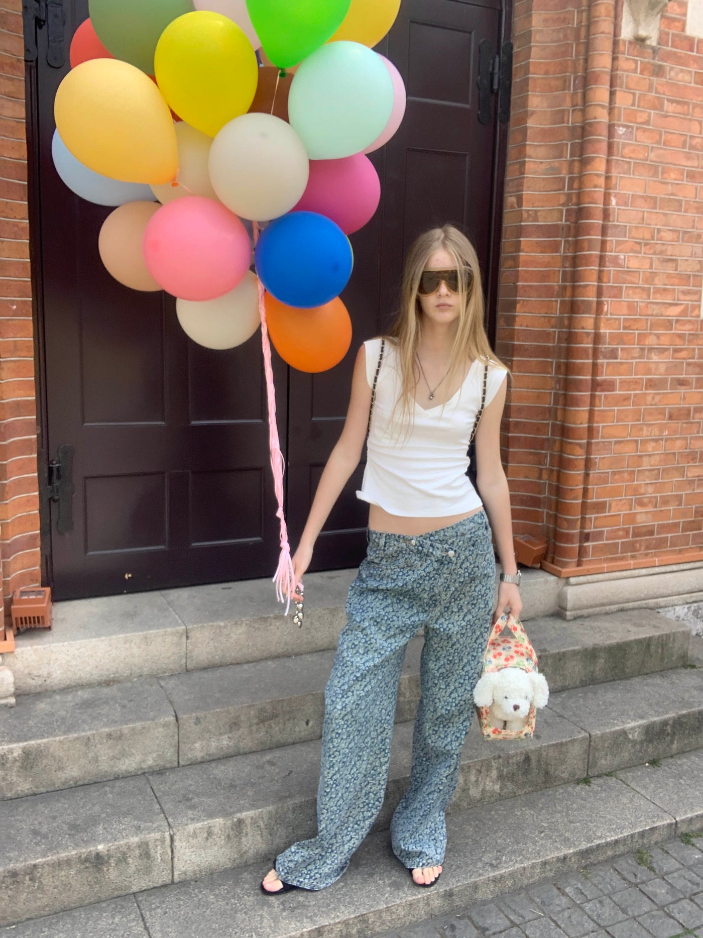 Floral Asymmetrical Layered Placket Jeans AOA0028