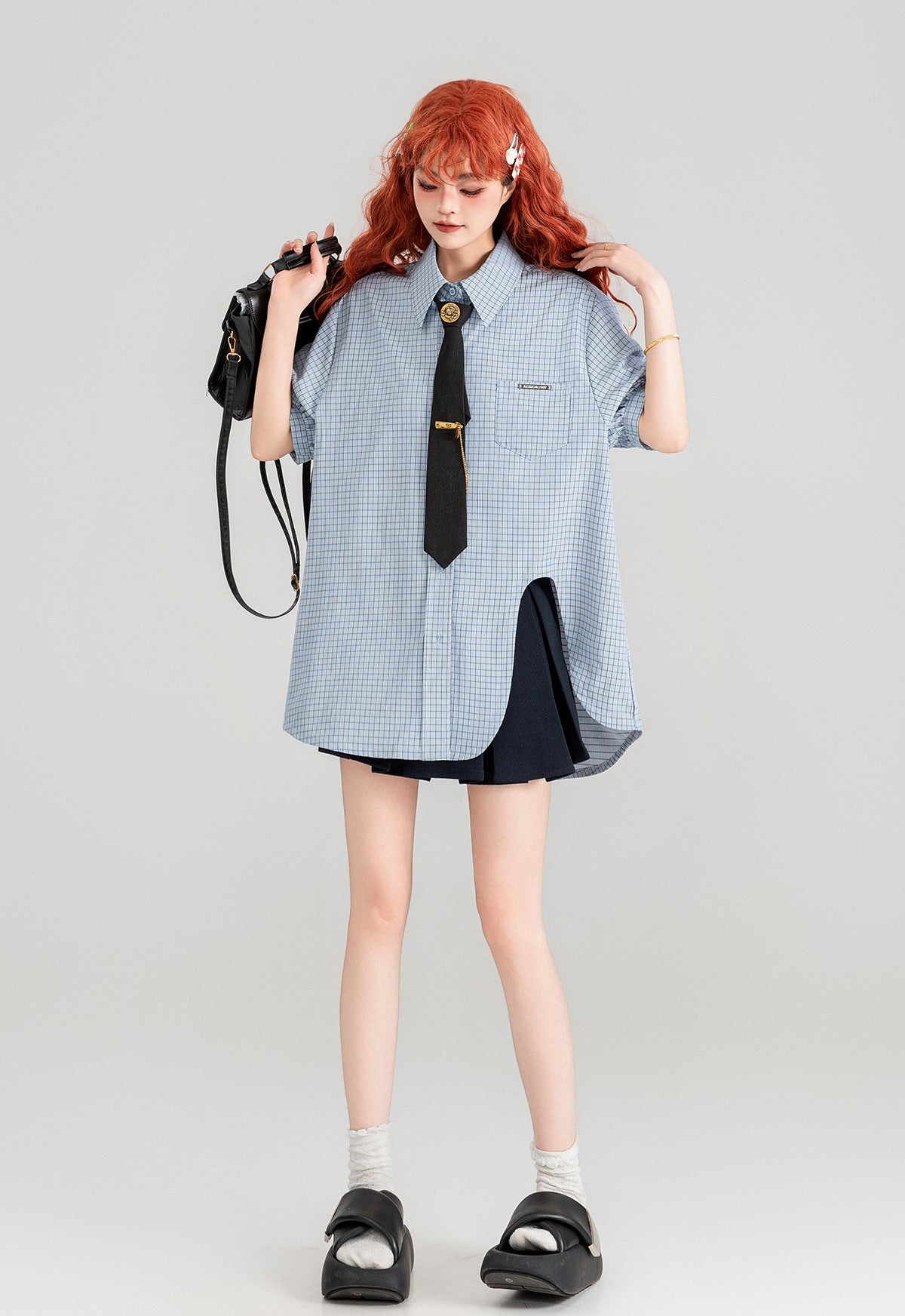 Blue Plaid Short-sleeved Shirt/Pleated Skirt/Black Tie KEI0091