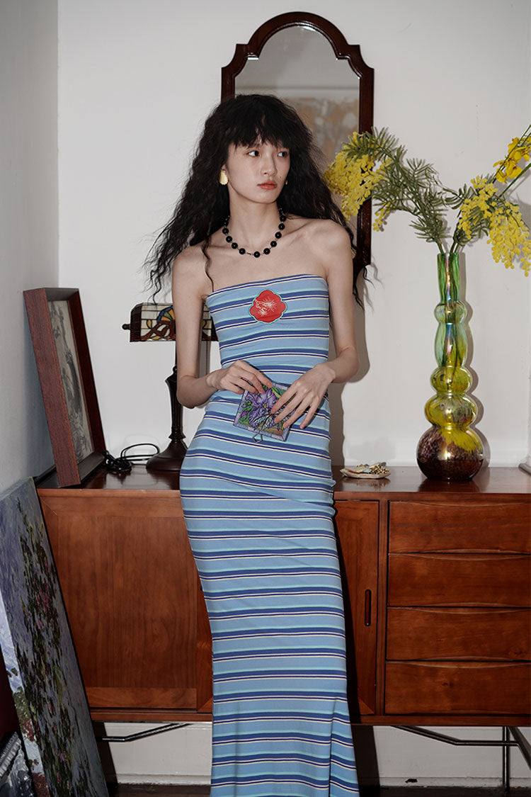 Embroidery Striped Knitted Tube Top Long Dress BAD0008