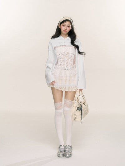 Lace Hollow Slim White Sweatshirt Hoodie DIA0240