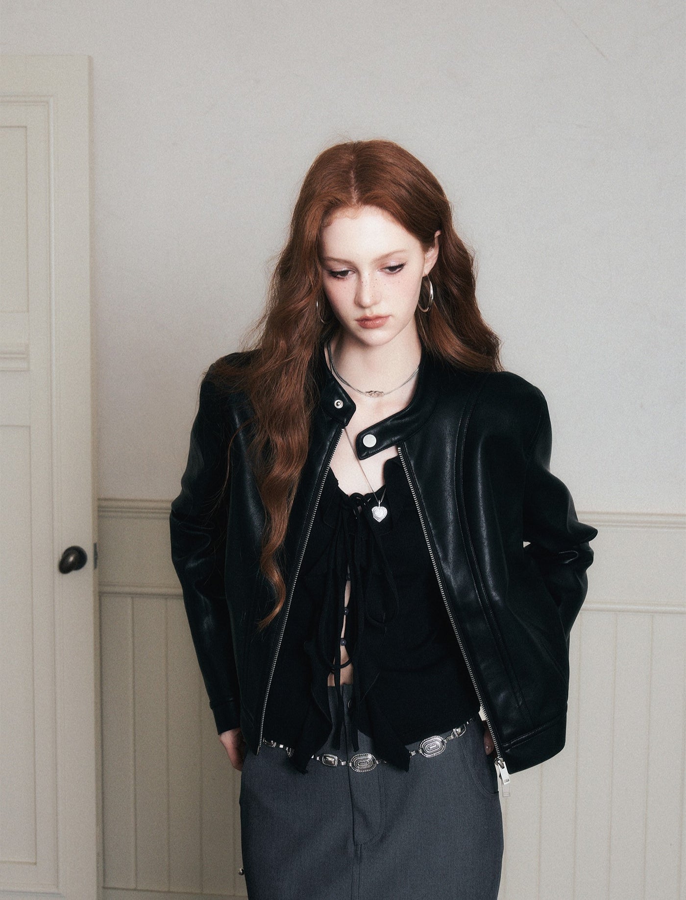 Stand Collar Black Leather Jacket LUL0173
