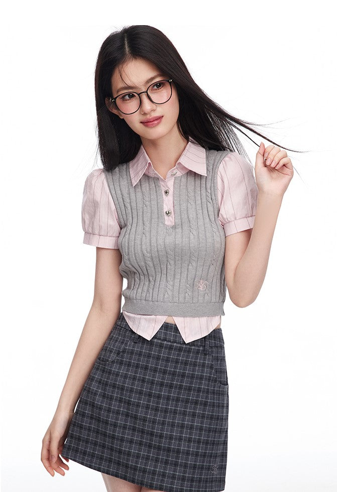 Fake Two-piece Puff Sleeve Striped Short-sleeved Shirt Cable Knit/Skirt Pants NTO0091