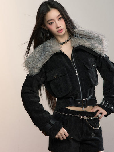 Leopard Print Large Fur Collar Jacket VIA0363