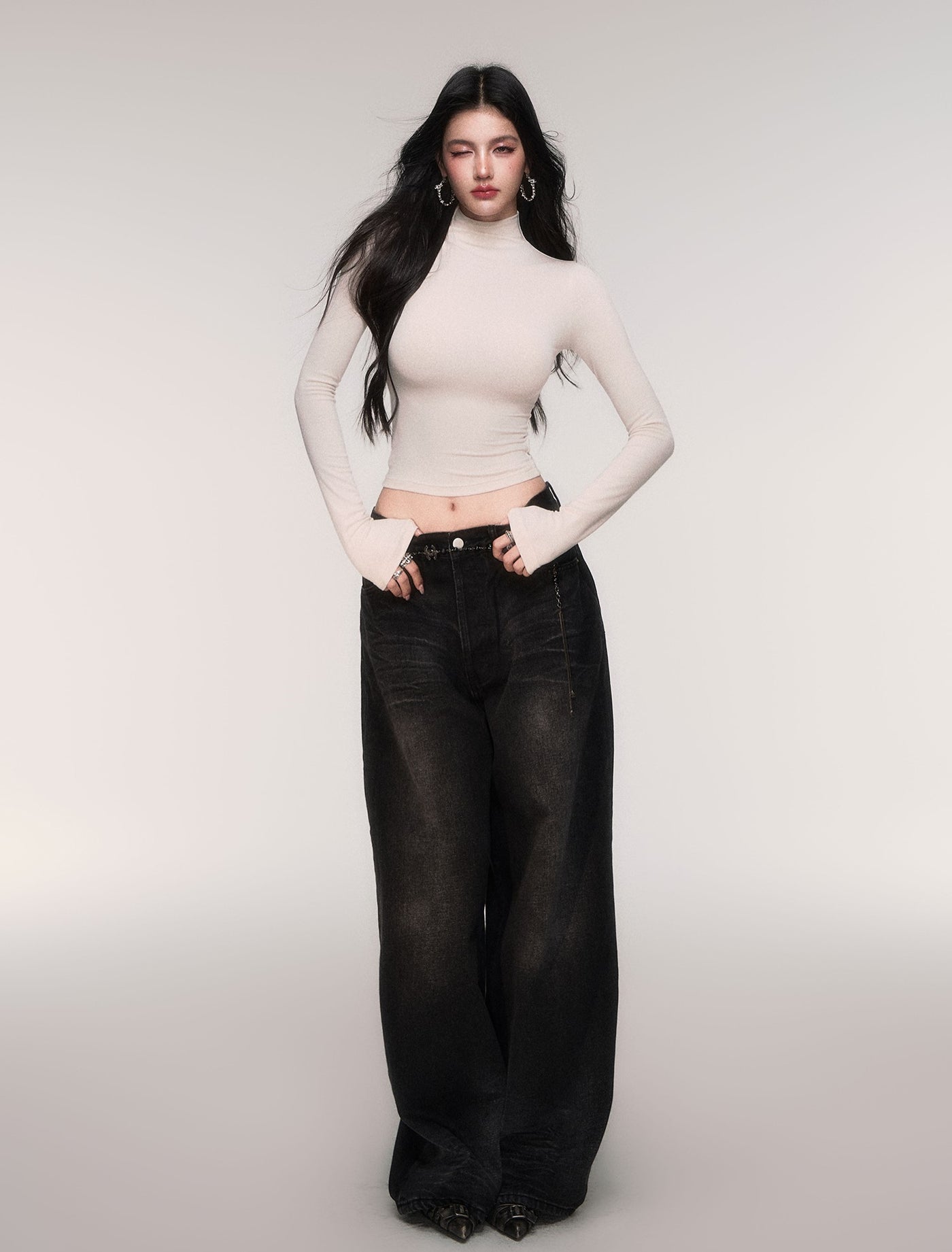 Black High-waisted Wide-leg Casual Jeans LUL0206