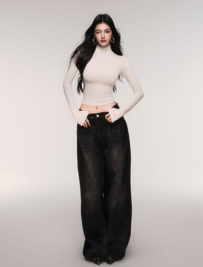 Black High-waisted Wide-leg Casual Jeans LUL0206