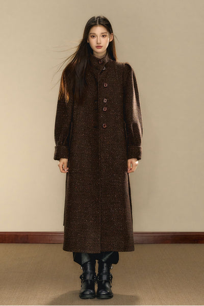 Chocolate Brown Tweed Long Over-the-Knee Wool Coat OSH0103