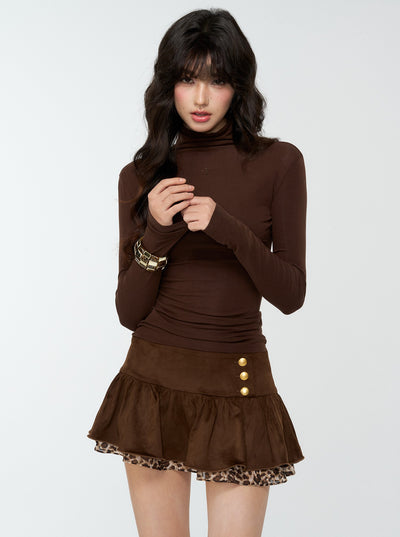 Suede Pleated Leopard Print Short Skirt 4MU0174