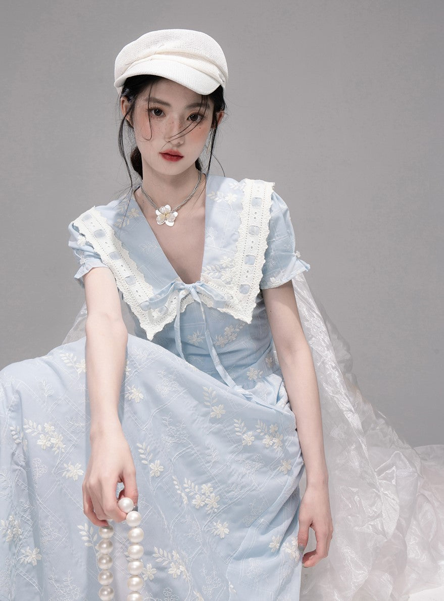 Blue Lace Collar Short Sleeve Dress COT0320