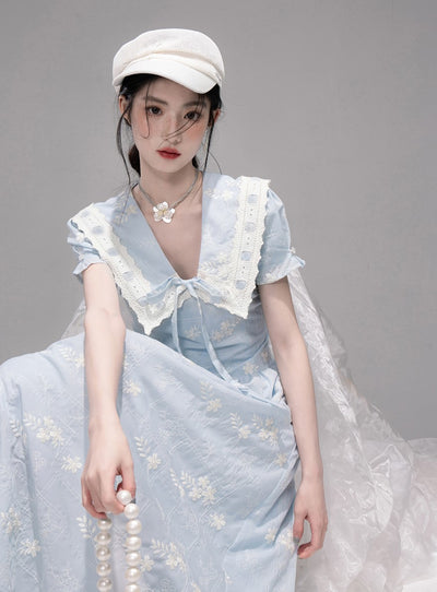 Blue Lace Collar Short Sleeve Dress COT0320