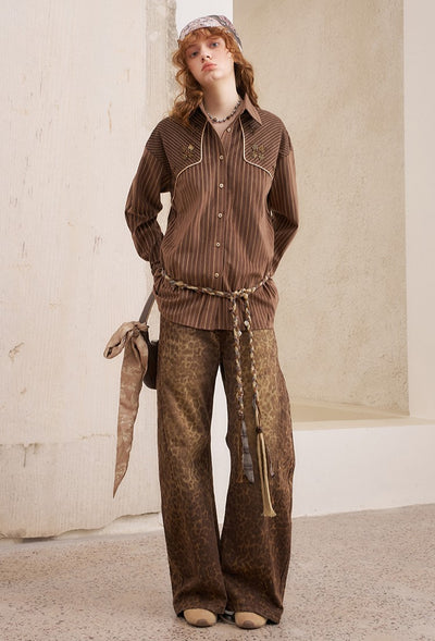 Suede Beaded Retro Striped Shirt DID0215