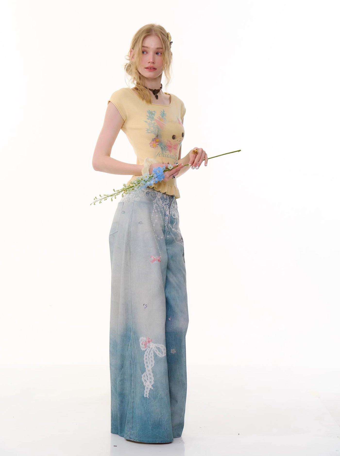 Chain Print Wide Leg Blue Jeans ZIZ0282