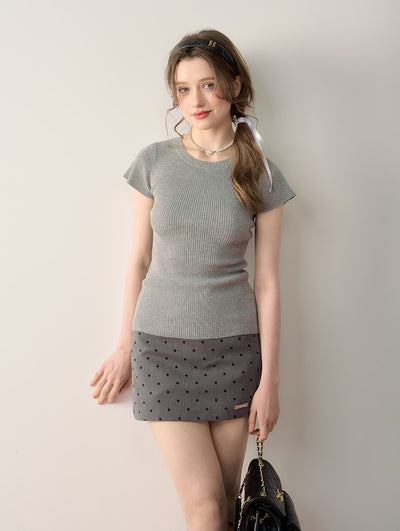 Gray High-grade Knitted Short Sleeves T-shirt QDQ0065