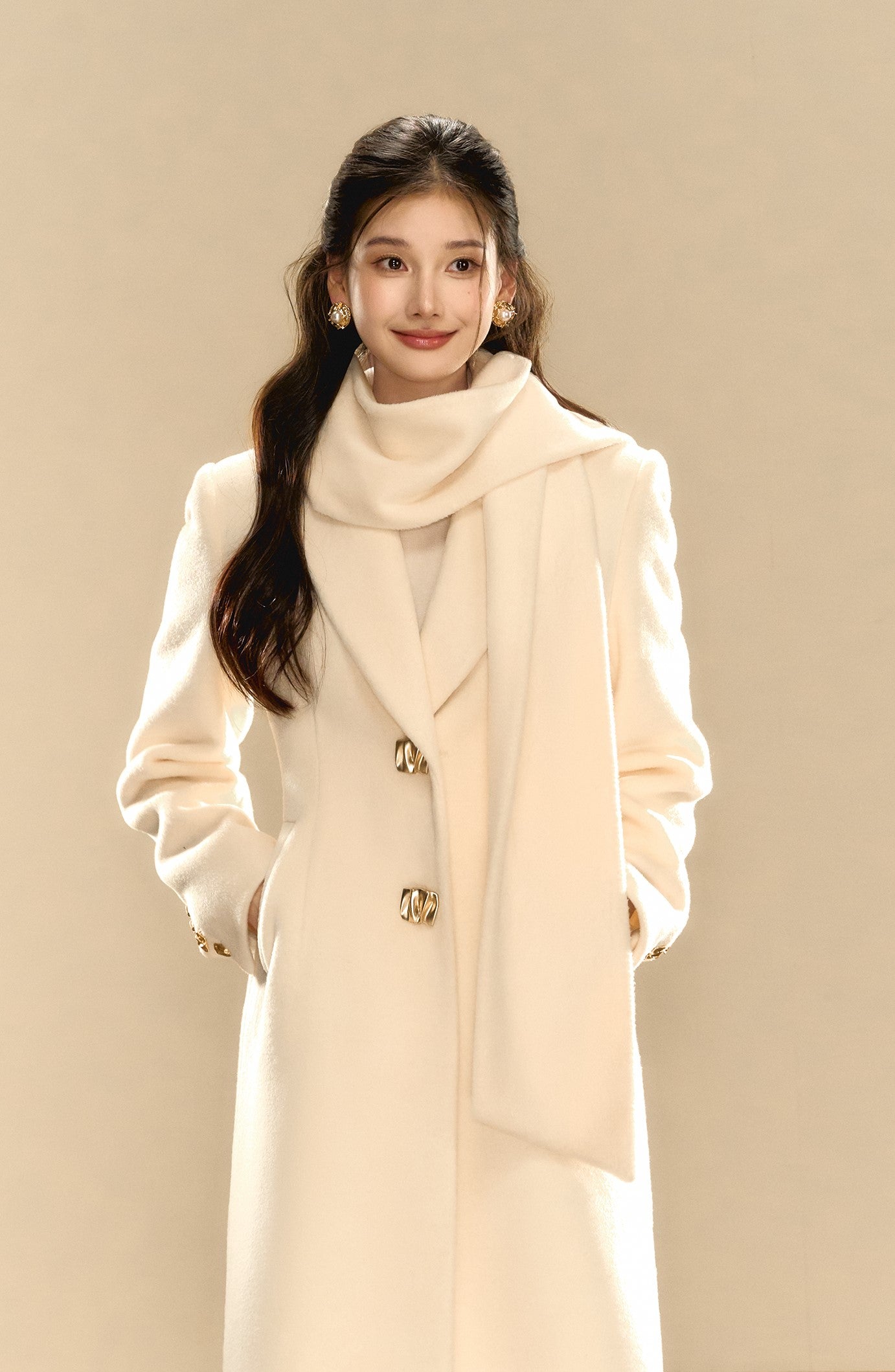 Milky White Simple Waist Long Wool Coat OSH0089