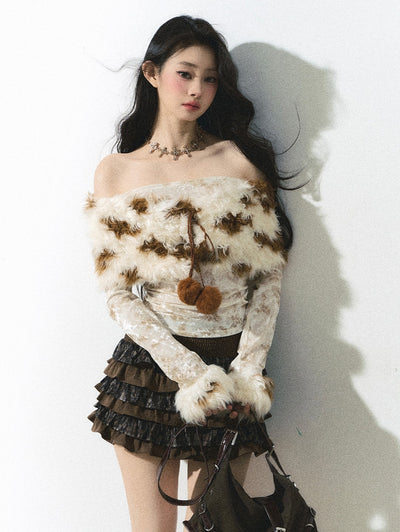 One Shoulder Long Sleeve Fur Tie-Dye Knitted Sweater DIA0250