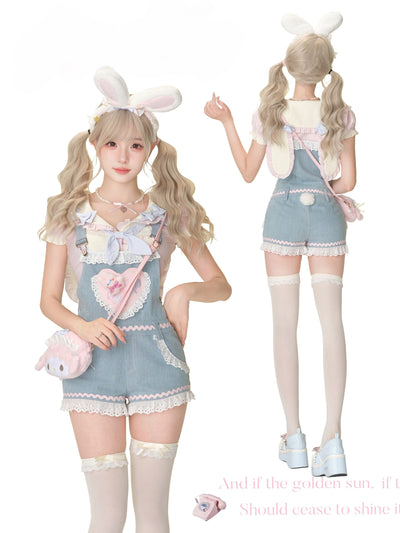 Strawberry Bunny Pink Top/Denim Overalls SER0159