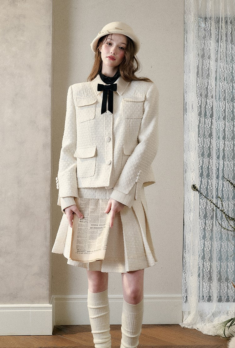 Natural Wool Suit Elegant Jacket/Pleated Skirt GRO0089