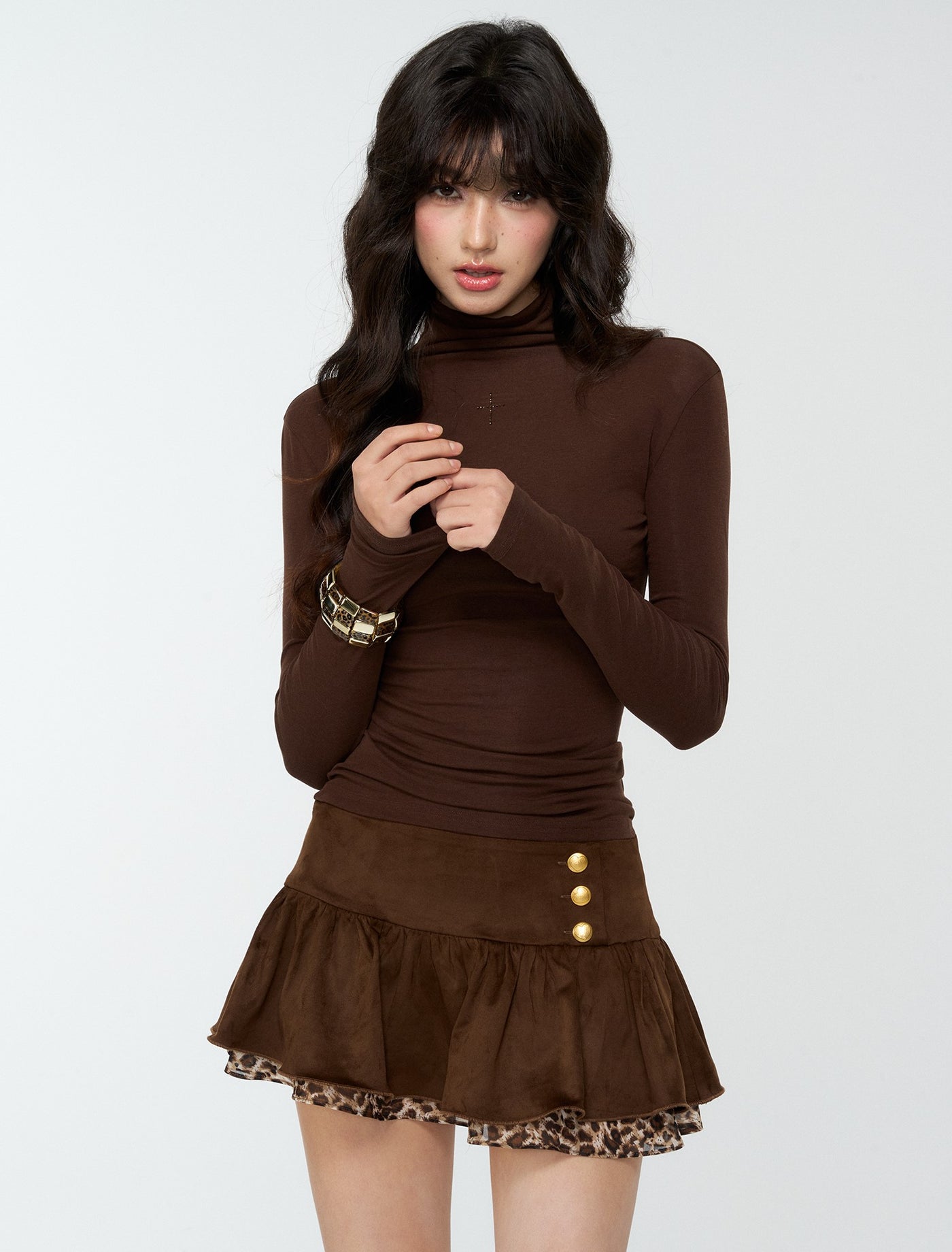 Suede Pleated Leopard Print Midi Skirt 4MU0168