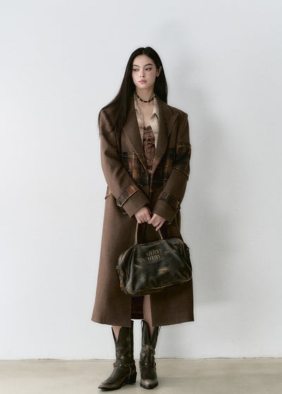 Plaid Stitching Design High-end Wool Long Coat VIA0163