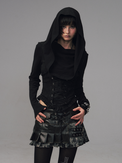 Dark Collar Hooded Patchwork Jacquard Top FRU0121