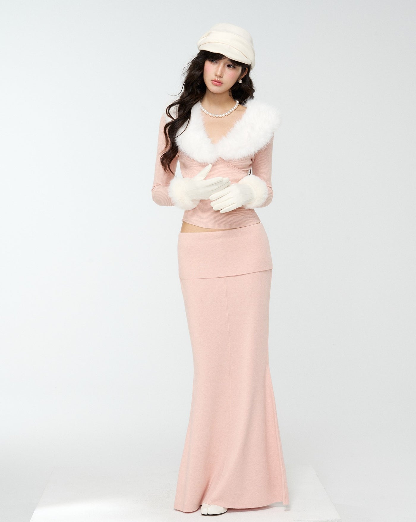 Detachable Fur Collar Sweater/Fishtail Skirt 4MU0171
