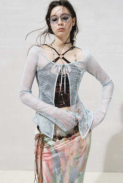Lace Metallic Cross-strap Top+Cardigan OFA0270