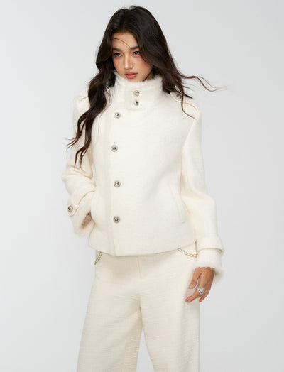 White Furry High-Neck Short Jacket/Scarf 4MU0164