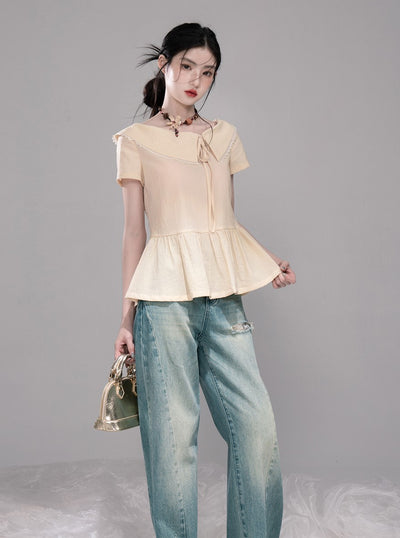 Cream Lapel Short Sleeve Top/Skirt COT0324
