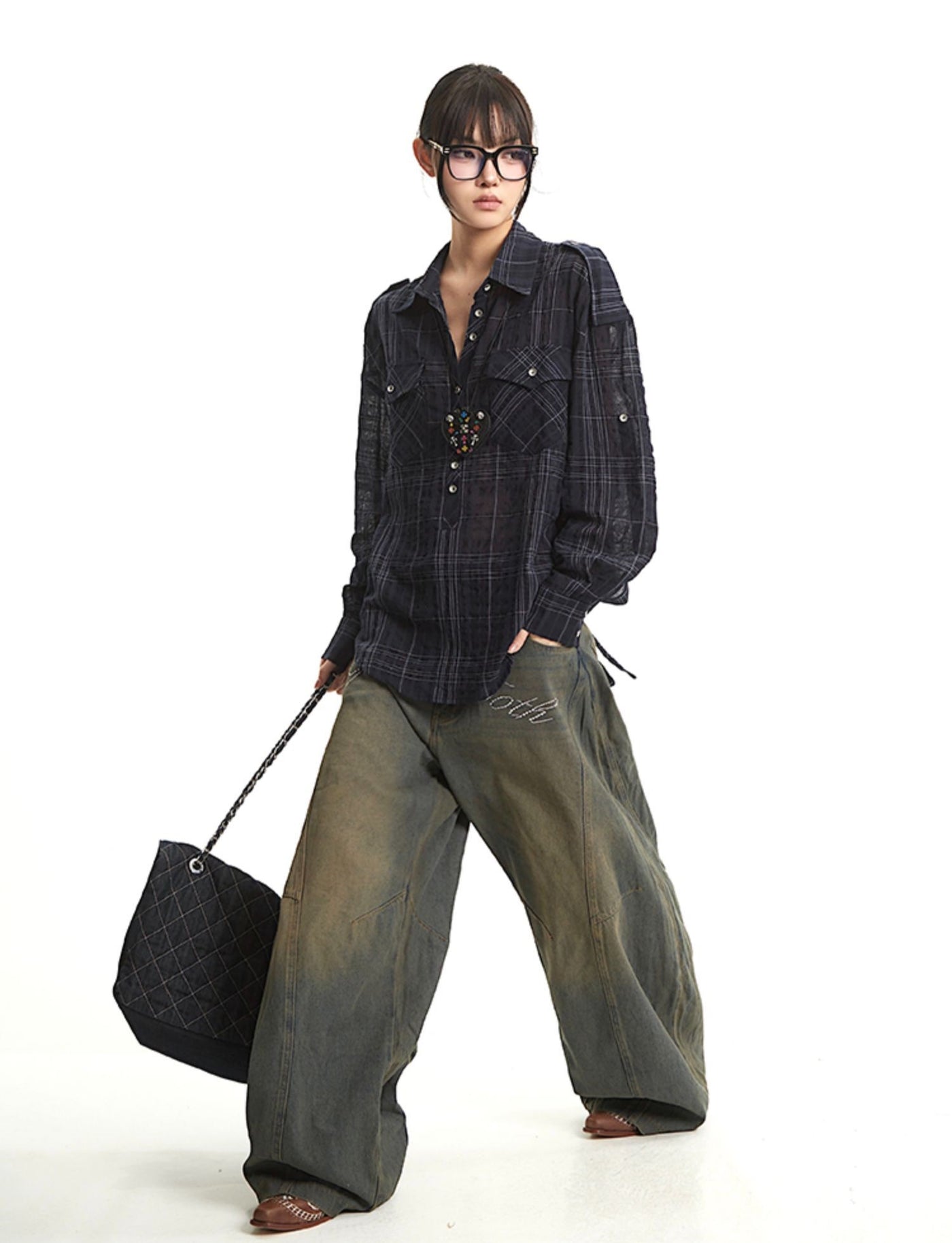 Retro Navy Plaid Long Sleeve Shirt UNC0275