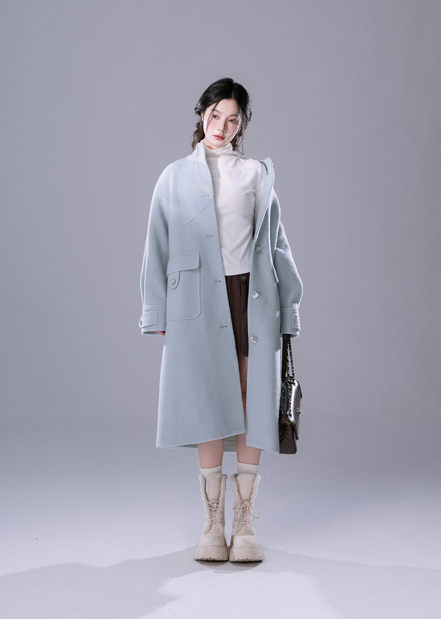 Skyblue Stand Collar Wool Long Coat COT0168