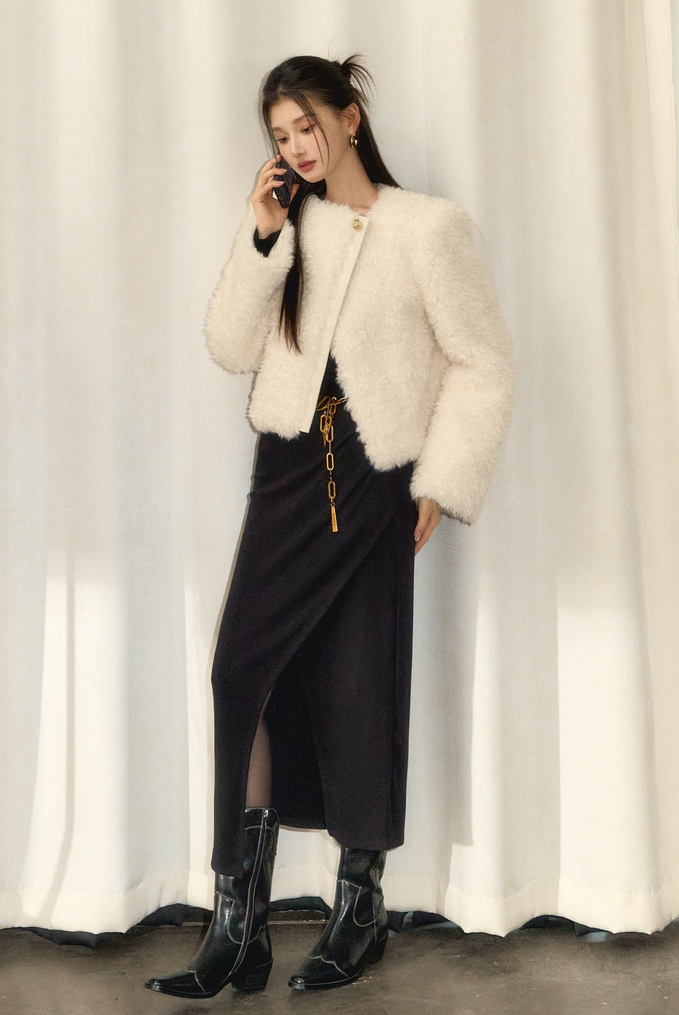 Eco-friendly Fur Asymmetrical Warm Iimitation Lambswool Short Jacket OSH0095