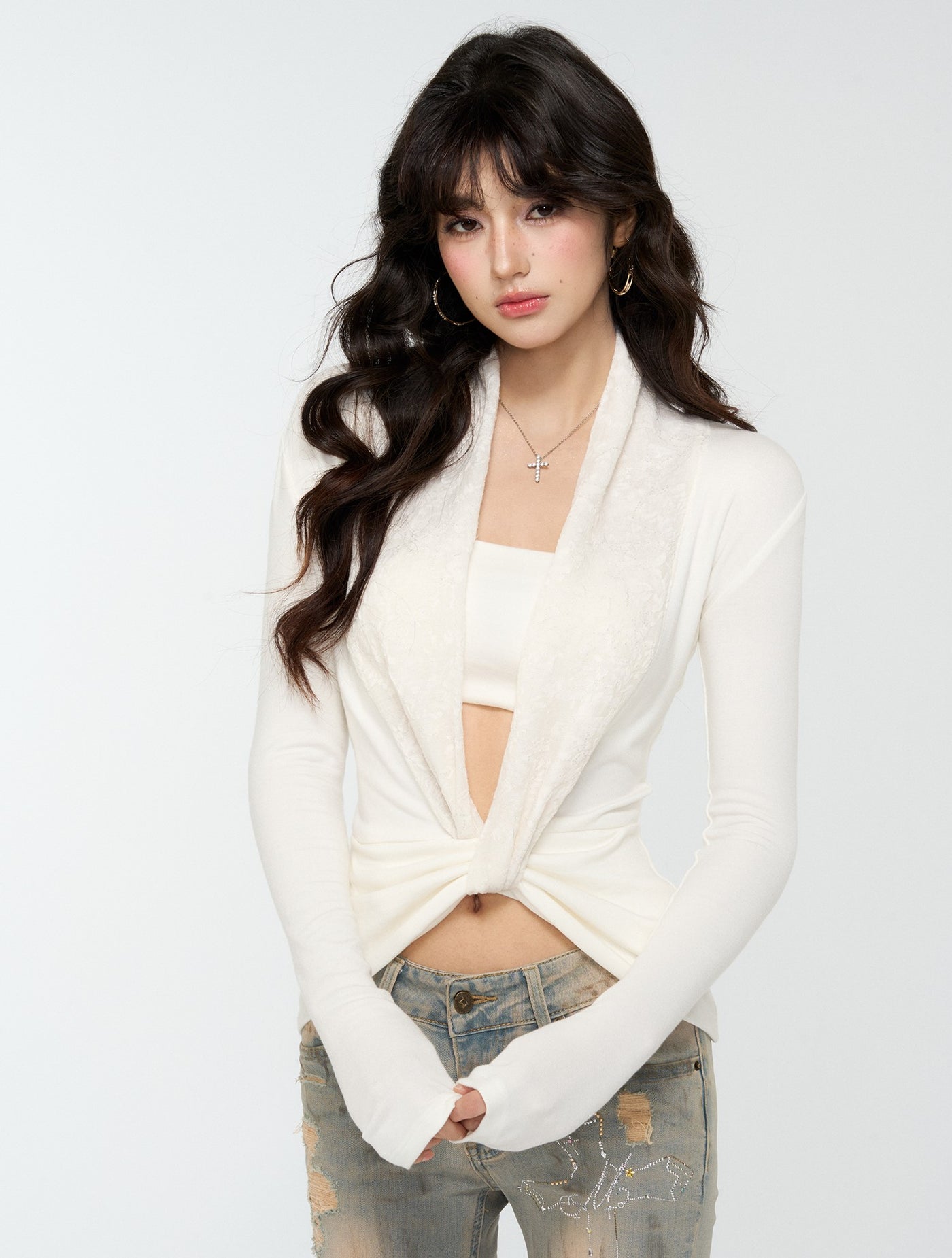 Large V-neck Slim Long Sleeve T-shirt+Tube Top 4MU0178