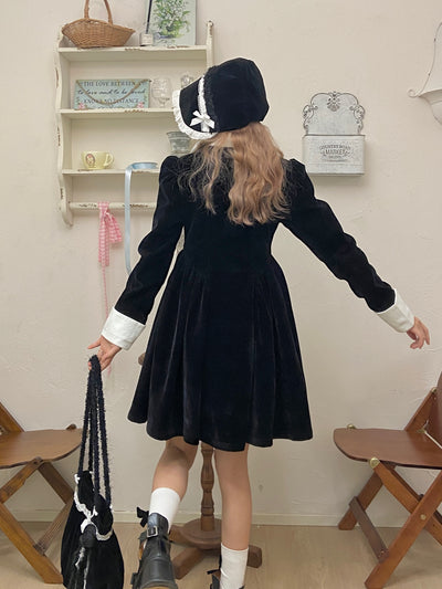 Retro French Velvet Puff Sleeve Slim Little Black Dress SHC0011