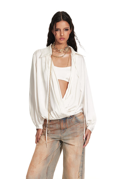 Lantern Sleeve Oblique Collar Loose Pleated Large Shirt 4MU0061