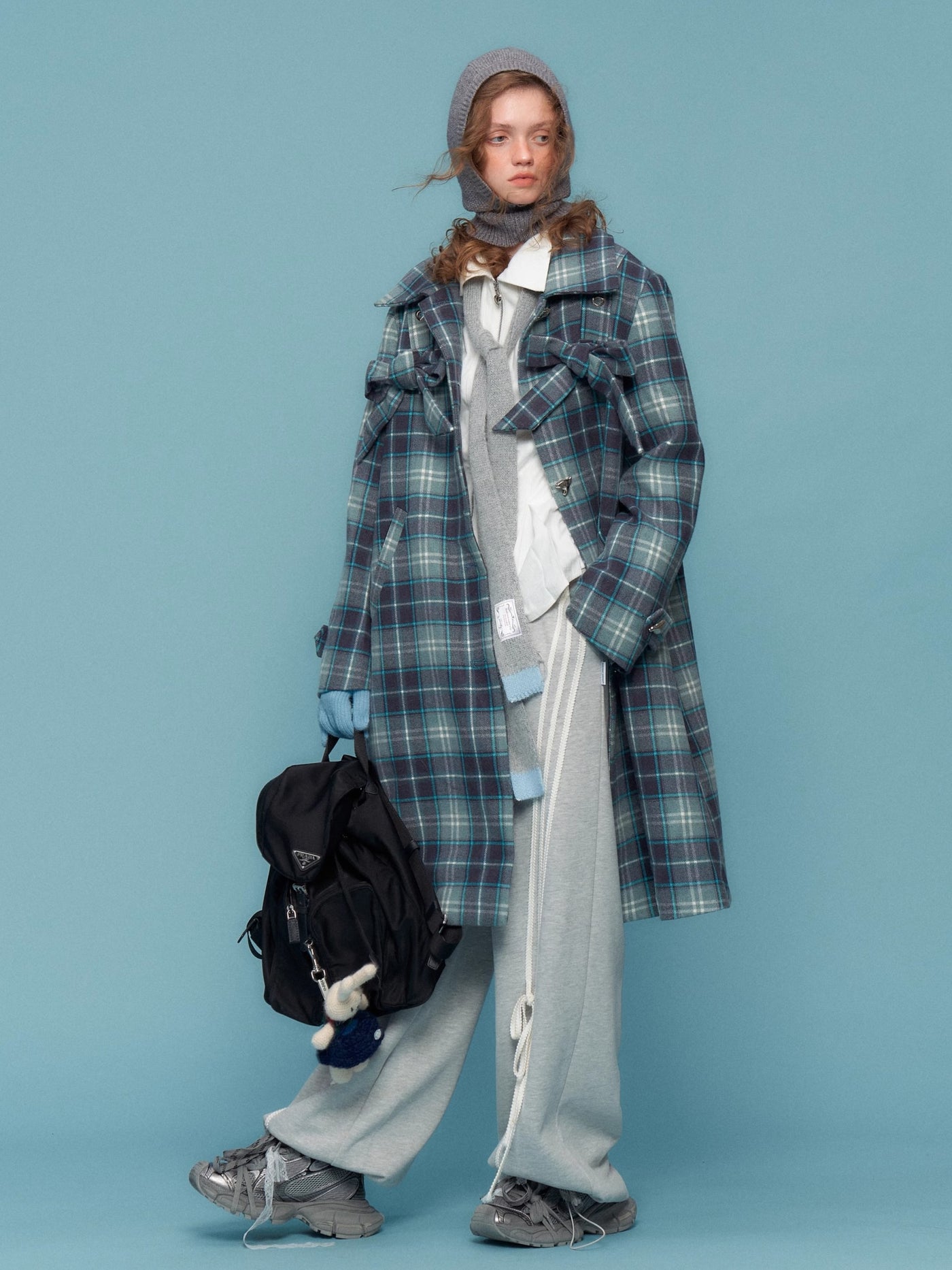 Retro High-end Mid-length Bow Blue Plaid Tweed Coat ZIZ0199