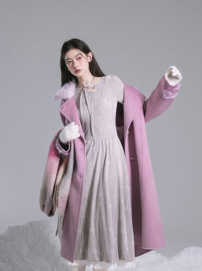 Midnight Plum Purple Furry Stand Collar Silk Double-faced Tweed Coat COT0182