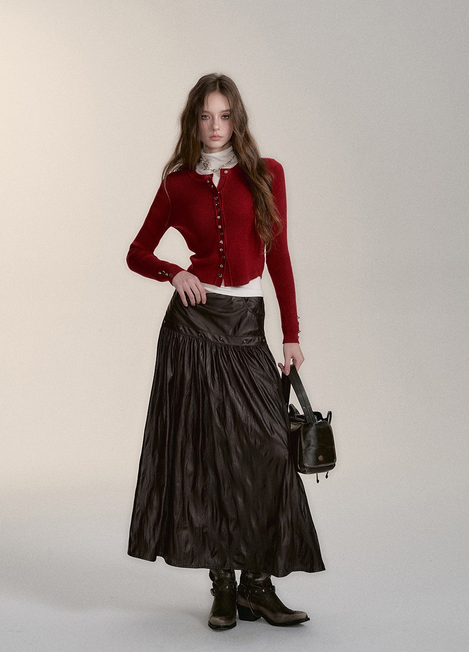 Mid-length Design Imitation Pleated Leather Skirt VIA0177