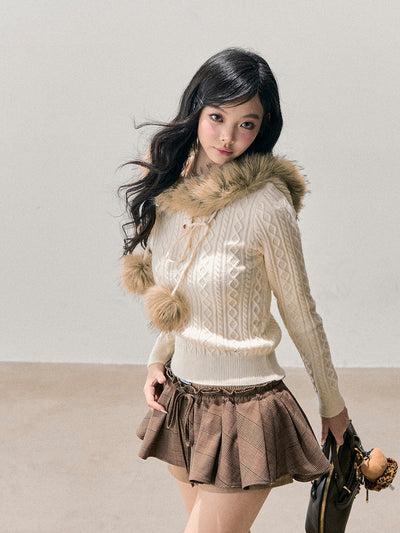 Fur Hooded Cable Knit Sweater DIA0768